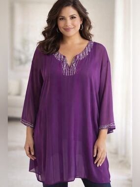 Maggie Barnes Tunic Top Sz 3X Purple Sheer Glamour Beaded 3/4 Sleeves Shiny